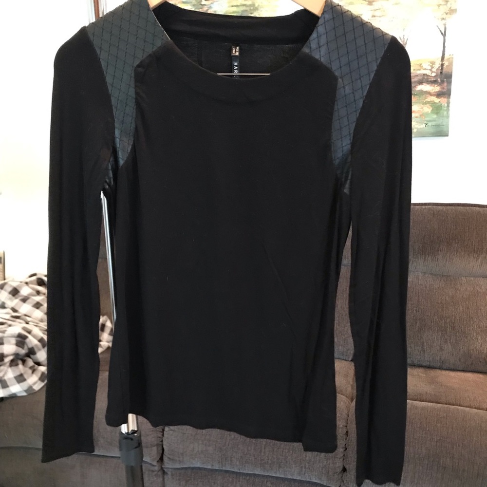 Karen Millen Blk LS tee with Quilted Leather Trim